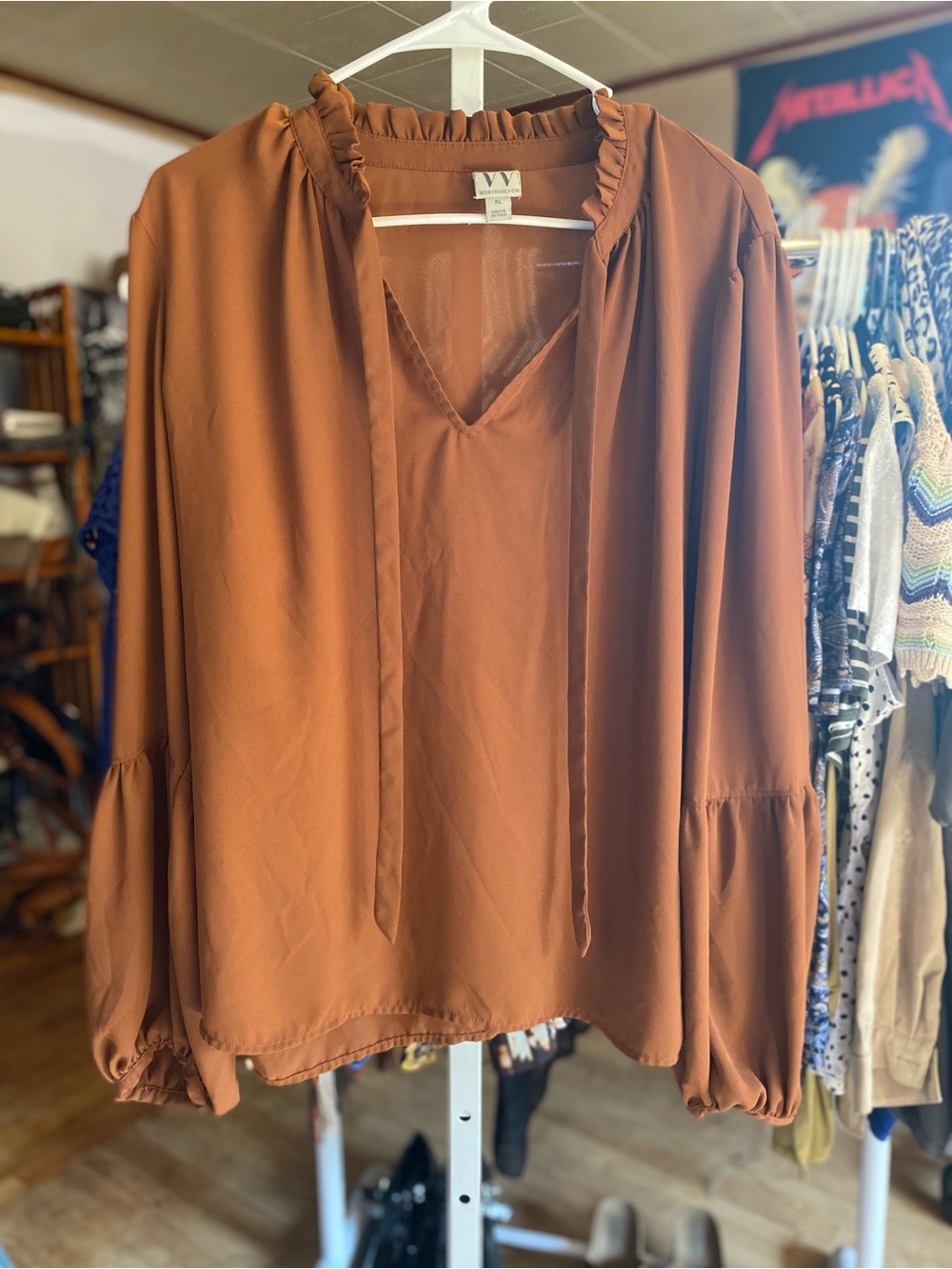 Worthington Burnt Orange Tie-Neck Peasant Blouse